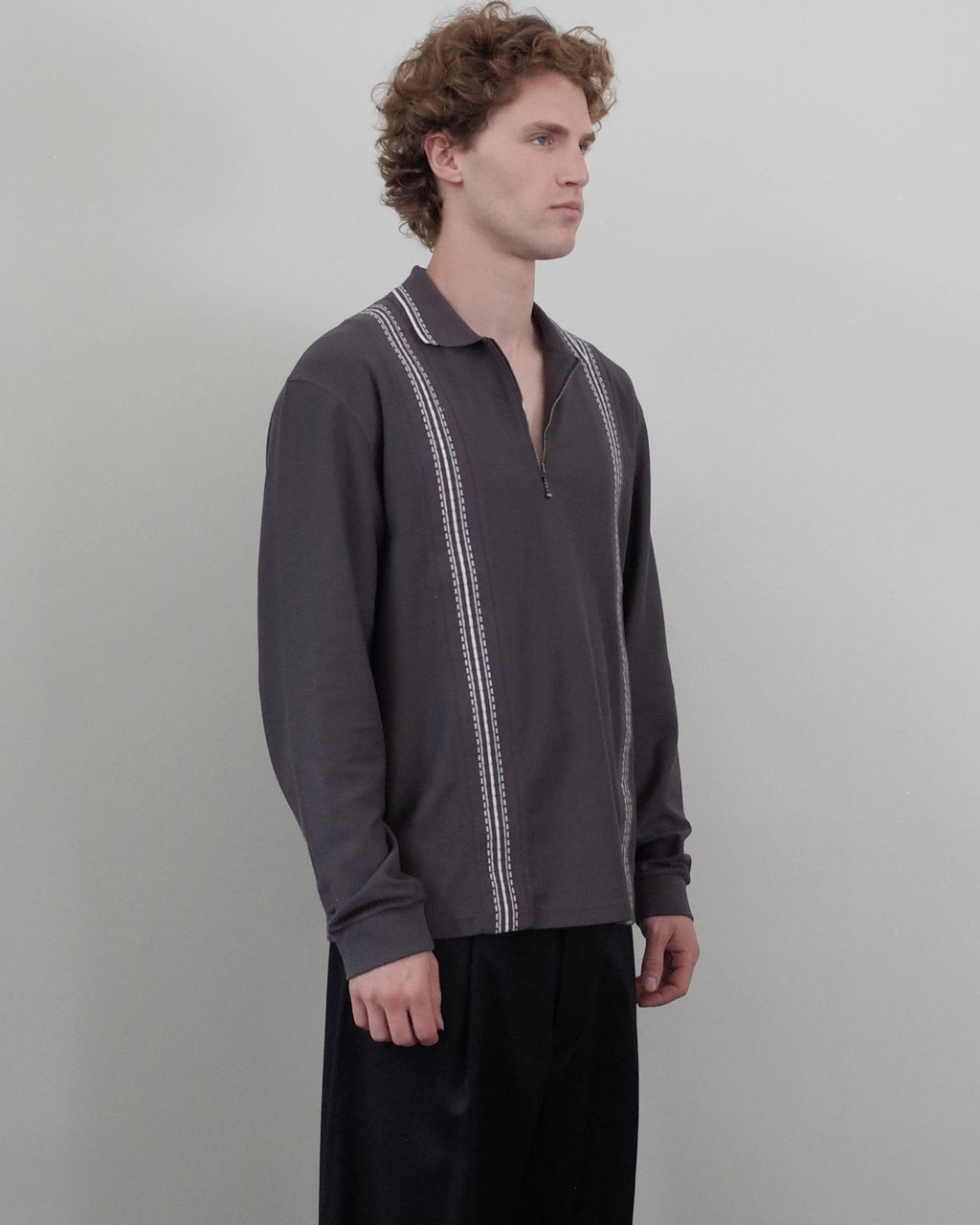 Palmes Panel LS Zip Polo - Charcoal